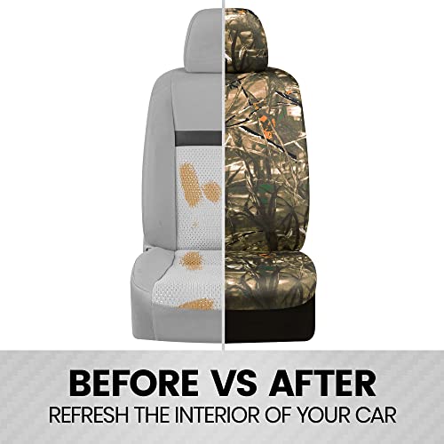BDK Hunter Camo Car Seat Covers Full Set with Camo Steering Wheel Cover and Seat Belt Cover Pad – Forest Camouflage Pattern, Automotive Front Seat & Bench Back Seat Cover for Cars Trucks SUV - color: Hunter Camo