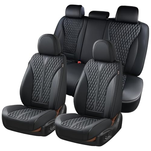 Coverado Car Seat Covers Full Set, 5 Seats Luxury Nappa Leather Seat Covers for Cars, Car Seat Cover Waterproof, Front and Back Car Seat Protector, Black Car Seat Covers Universal Fit for Most Cars - color: A-Black, size: FullSet