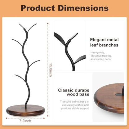 Mug Tree Holder, Bronze Metal Leaf Branch & Solid Wood Base Mug Holders, Countertop Coffee Mug Trees Organizer for Kitchen, 4 Hooks, Sleek Modern Decor for Coffee Station