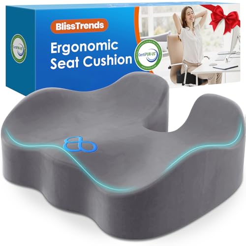 BlissTrends Seat Cushion,Thick Memory Foam Cushions for Office Chair, Car Seat, Airplane, Relieving Pressure Tailbone Sciatica Back Pain for Office Workers, Car Drivers 4.7in Thick LightGrey - color: Light Grey, size: Large
