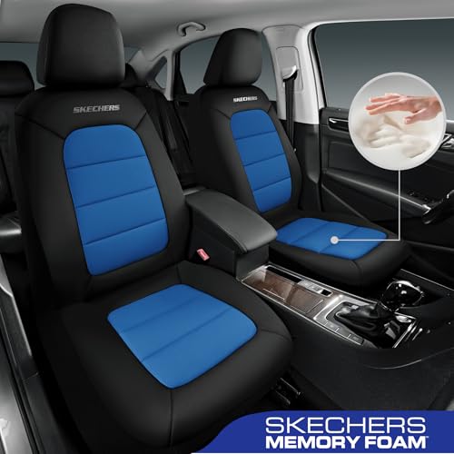 Skechers Memory Foam Car Seat Covers,Thick Cool Touch Fabric Seat Covers,Front Seat Cover Airbag Compatible,Automotive Comfort Protection for Most Cars,Vans,Trucks,SUV,Blue