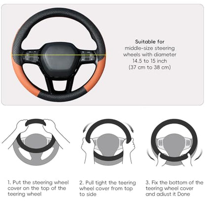 LABBYWAY Car Steering Wheel Cover, Leather, Universal 15 Inch Fit, Anti-Slip & Odor-Free,Brown - color: black&brown