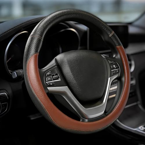 Car Steering Wheel Cover, Durable Leather Cover with Anti-Slip Lining, Microfiber PU Leather Elastic Steering Wheel Protector, Comfortable Non-Slip Steering Wheel Covers for Autos (Coffee) - color: Coffee