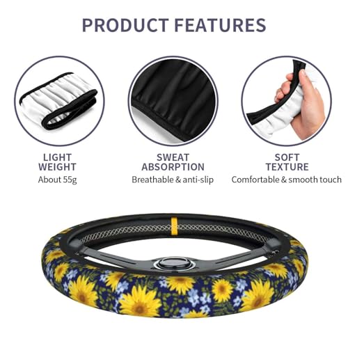 Sunflower Steering Wheel Cover with 2 Car Coasters Non Slip Neoprene for Women Men Universal 15 Inch