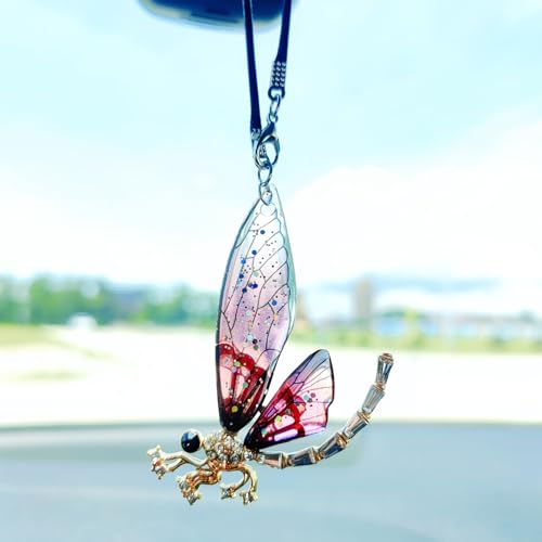 Bling Car Accessories for Women Interior, Diamond-Encrusted Dragonfly Rear View Mirror Accessories, Cute Car Decor Hanging Ornament Bag Charms Home Decor