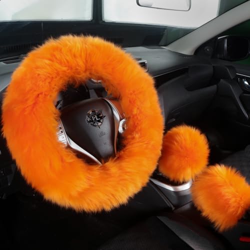 Fuzzy Genuine Sheepskin Steering Wheel Cover Set for Women Parents-Fluffy Soft Australian Merino Wool Wrap with Gear Shift and Hand Brake Covers, Cozy Stylish Luxury Car Accessories (Orange) - color: Orange