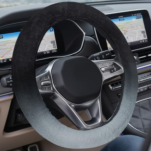 Coverado Steering Wheel Cover, Anti-Slip Fluffy Car Steering Wheel Cover for Winter Warm, Universal 14-15 inch, Soft Plush, No Odor, Luxurious Decoration for Women Men, Gradient Gray - color: A-Gray-NEW