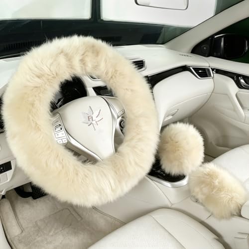 Fuzzy Genuine Sheepskin Steering Wheel Cover Set for Women Parents-Fluffy Soft Australian Merino Wool Wrap with Gear Shift and Hand Brake Covers, Cozy Stylish Luxury Car Accessories (Linen Color) - color: Linen Color