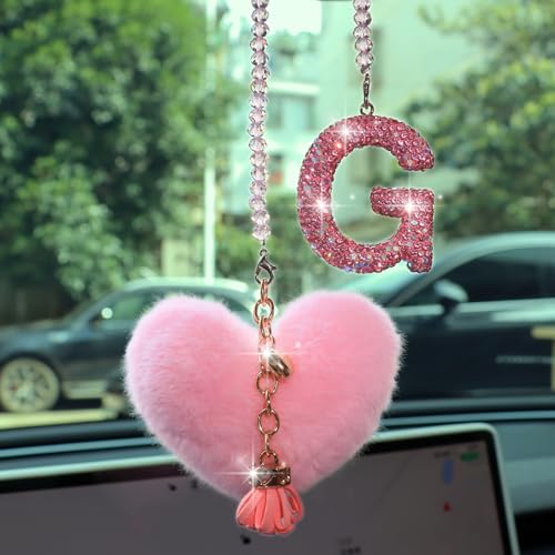 Bling Pink Car Accessories for Women Letter Charm, Rainbow Color Rear View Mirror Cute Crystal Pendant Car Decorations, Lucky Gifts Diamond Rhinestone Charm Interior (G, Tassel Heart) - color: Pink G