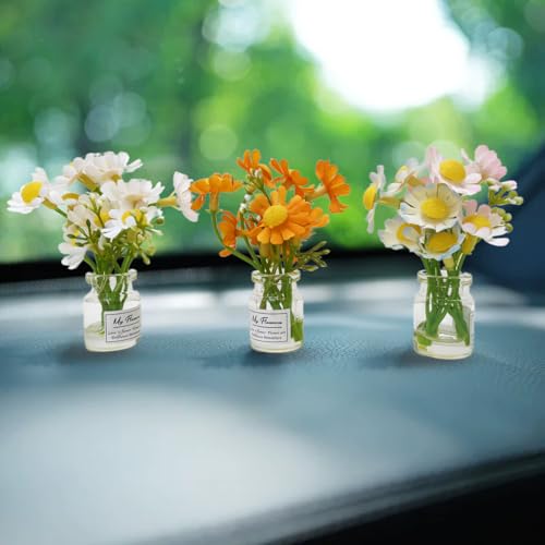 Set of 3 Mini Daisy Flowers in Glass Vase Cute Car Accessories for Rear View Mirror & Dashboard Decorations Funny Car Interior Ornaments for Women Gifts (02#) - color: 02#