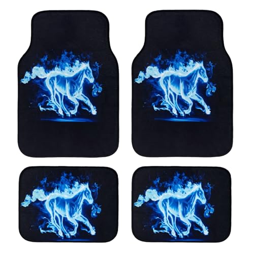 4Pcs Fabric Blue Horse Car Floor Mats Not PVC,Not Leather Automotive Floor Mats Truck SUV,Durable All-Weather Car Mats fit for Ford Bronco Mustang - color: horse