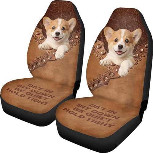 Corgi Print 2Pcs Car Front Seat Covers Dust-Proof & Decorative Seat Covers for Cars Front Seats Universal Automotive Bucket Seats Cover - color: Brown - Corgi