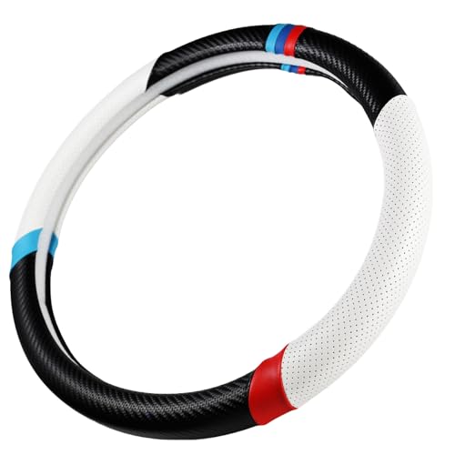 Carbon Fiber + Sporty Perforated Leather Steering Wheel Cover with Sporty Stripes, Non-Slip and Sweat Absorbent for 15 inches Car SUVs Pickup - color: carbon pattern+white perforated leather+stripes