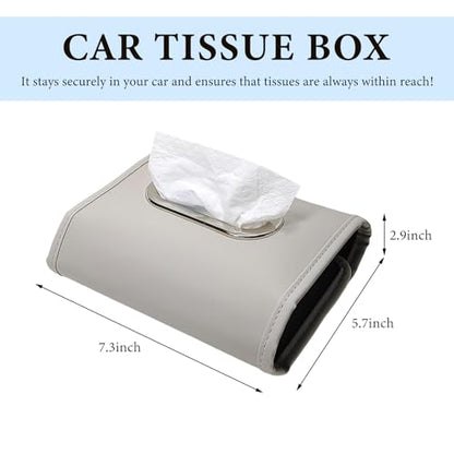 Car Tissue Holder, Premium Leather Rectangular Napkin Case Backseat Tissue Organizer, Classic Style Auto Headrest Storage Box Cover for Regular Size Tissues, Car Accessories (Gray)