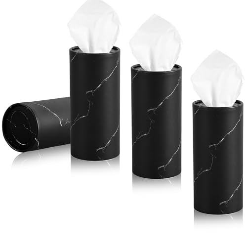4 PCS Car Tissue Holder, Refillable Round Napkins Containers with Papers Inside, Convenient Travel Tissue Tubes Facial Paper Towel Cylinders for Vehicle Cup Holders (Marble Black) - color: Marble Black