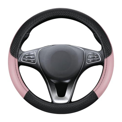 Black & Pink Car Steering Wheel Cover, Microfiber, Leather Patchwork, Universal 14.5-15 Inch Leather Anti-Slip Breathable Auto Steering Wheel Covers for Men Women - color: Black & Pink