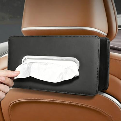 Upgraded Car Tissue Holder, Premium PU Leather Backseat Tissue Case Holder for 100-150 Regular Size Tissues,Foldable Tissue Holder 9.45 × 5.24 × 3.54 in, Black