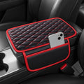 Waterproof Leather Car Center Console Pad with 2 Storage Bags, Auto Armrest Box Cover Protector, Comfortable Interior Accessories for Most Household Cars, Sedans & SUV (Black Red Stitch)