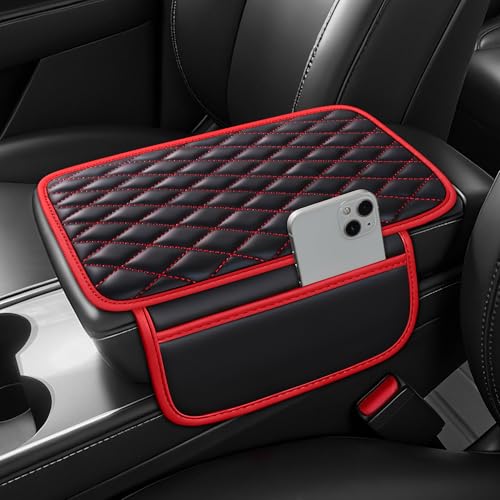 Waterproof Leather Car Center Console Pad with 2 Storage Bags, Auto Armrest Box Cover Protector, Comfortable Interior Accessories for Most Household Cars, Sedans & SUV (Black Red Stitch)