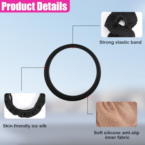 Elastic Stretch Steering Wheel Cover, Anti-Slip 15 inch Microfiber Odorless Breathable Ice Silk Car Steering Wheel Protector, Easy Carry, Warm in Winter & Cool in Summer (Black) - color: Black
