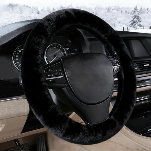 Furry Warm Steering Wheel Cover, Universal 14.5-15 Inch Winter Plush Warm Steering Wheel Cover, Soft Fluffy, Anti-Slip Design, Soft Texture (Black) - color: Black Plush