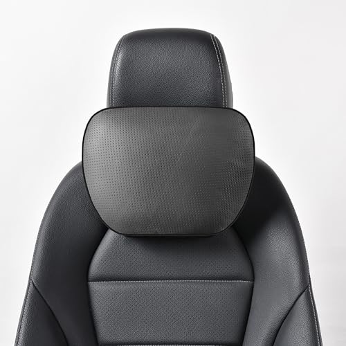 Genuine Leather Car Neck Pillow for headrest,Support Drive Seats Head Cushion,Real Cow Leather,11.8x7.5”,Plant-Based Polyester,Thickness & Height Adjustable,Inner Liner fillable(Black,1p)