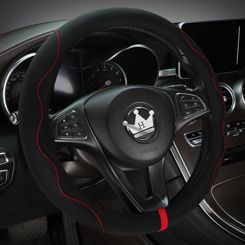 Luxury Suede Steering Wheel Cover for Cars, Soft Leather Padded Wheels Cover for Sedan, SUV, Thin Car Handle Cover, Universal Fit, Anti Slip, 14.75-15.15in, Black
