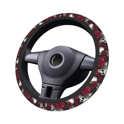 Skull Rose Steering Wheel Cover with 2 Car Coasters Non Slip Neoprene for Women Men Universal 15 Inch - color: Skull Rose