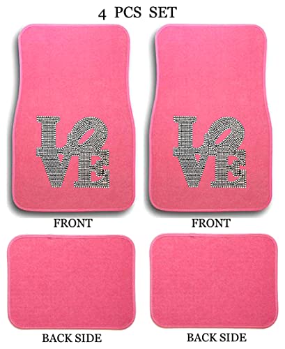 Universal Fit Front/Rear 4-Piece Full Set Love Crystal Bling Rhinestone Design Studded Carpet Car SUV Truck Floor Mats - 4 Pcs Set (Silver Love-Pink) - color: Silver Love-Pink