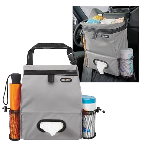 High Road Car Organizer with Car Trash Bin and Tissue Holder - Holds Full Size Tissue Box, Bottles and Wipe Containers - 2 Gal Leakproof Covered Trash Can with Push-Close Lid - color: Gray