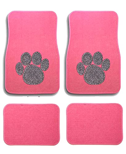 Universal Fit Pink Car Carpet Floor Mats Crystal Bling Rhinestone-Studded Front Rear 4 Piece Full Set (Paw Foot-Pink) - color: Paw Foot-Pink