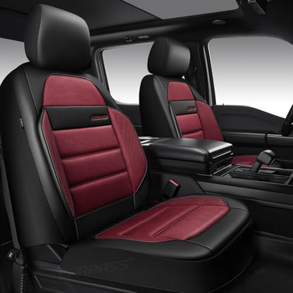 CAR PASS Memory Foam Seat Covers Front, Airy Cool Mesh Thick Car Seat Covers, Leather Car Seat Covers Front Seats Airbag Compatible, Universal Automotive Comfort for Most Cars, Trucks, SUV, Burgundy - color: Burgundy
