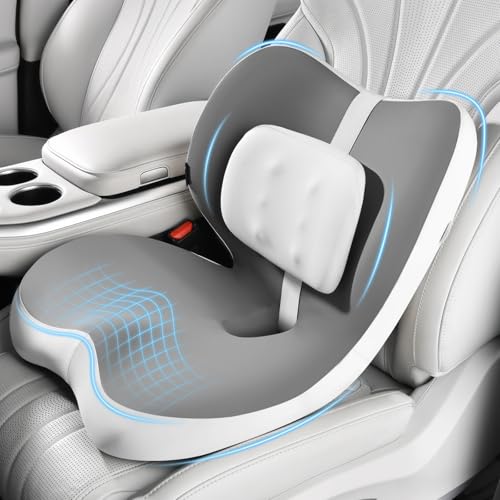 2 in1 Truck Seat Cushion and Lumbar Support Pillow Memory Foam Car Seat Cushion with Adjustable Strap for Truck Driver Long Drives, Fits Semi Truck Seat,Car,Office&Gaming Chair(Light Grey)