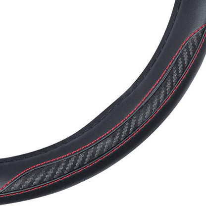 BDK UltraSport Steering Wheel Cover - Perforated Microfiber Leather with Carbon Fiber Detail & Contrast Stitching Black w/Red Stitching