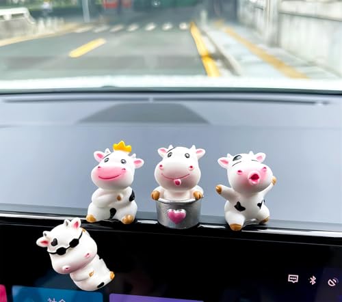 4 Pcs Mini Resin Dairy Cow Figurines, Cute Car Dashboard Decor, Funny Rearview Mirror Ornaments, Fairy Garden Landscape, Gift for Pet Lovers (White Dairy Cow)