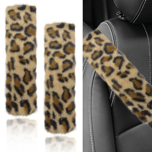 2PCS Leopard Print Car Seat Belt Cover, Plush Warm Car Seat Shoulder Strap Pad, Fluffy Soft Auto Seatbelt Protector, Vehicle Interior Comfortable Driving Accessories for Truck, SUV (Coffee) - color: Coffee