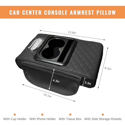 Car Center Console Armrest Pillow, 5-in-1 Armrest Cushion w/ 2 Side Bags, Tissue Box Slot, Cup & Phone Holder, Leather Auto Arm Rest Cover Storage Organizer (Black, Embroidered)