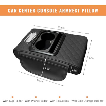 Car Center Console Armrest Pillow, 5-in-1 Armrest Cushion w/ 2 Side Bags, Tissue Box Slot, Cup & Phone Holder, Leather Auto Arm Rest Cover Storage Organizer (Black, Embroidered)