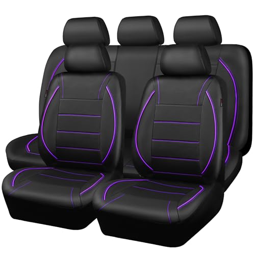 CAR PASS Piping PU Leather Car Seat Cover,Inside Zipper Design and Reserved Opening Holes Airbag Compatible,Universal FIT for Car, SUVs,Van,Trucks,Full Set, Black & Purple - color: Black and Purple