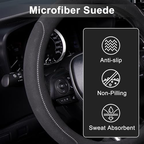 15 inch Microfiber Suede Car Steering Wheel Cover, Universal Anti-Slip Grip Protector for SUV Truck, Black