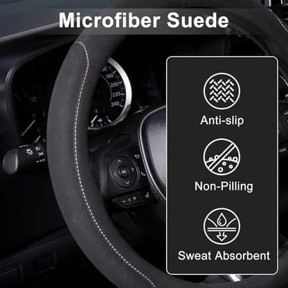 15 inch Microfiber Suede Car Steering Wheel Cover, Universal Anti-Slip Grip Protector for SUV Truck, Black
