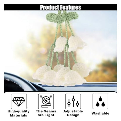 Car Mirror Hanging Accessories, Cute Crochet Suzuran Car Rearview Mirror Charm, Handmade Knitting, Fit for Backpack, Keychain (White)