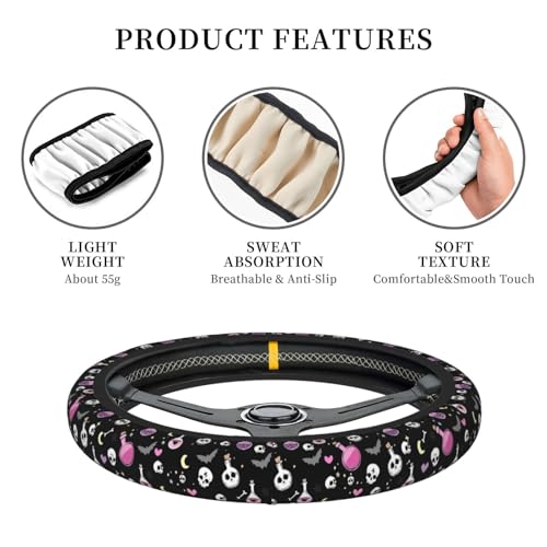 Gothic Bat Elastic Stretch Steering Wheel Cover 15 inch, Car Accessories Cover for Women Men, Breathable Anti-Slip - color: D03100154