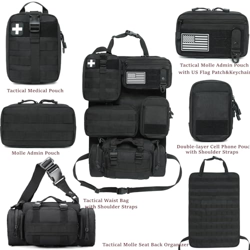 6 Pack Tactical Molle Car Seat Back Organizer - Tactical Vehicle Panel Organizer with 5 Detachable Molle Pouch,US Flag Patch and Keychain,Great Trunk Accessories for Man