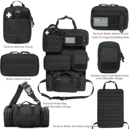 6 Pack Tactical Molle Car Seat Back Organizer - Tactical Vehicle Panel Organizer with 5 Detachable Molle Pouch,US Flag Patch and Keychain,Great Trunk Accessories for Man