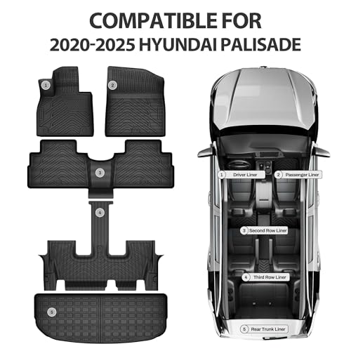 Floor Mats & Cargo Liner Fit for Hyundai Palisade 2025 2024-2020 7 Seats, All Weather TPE Custom Palisade Floor Liners, Automotive 1st & 2nd & 3rd Row Mats and Trunk Mat Car Mats Set Accessories - style: 20-25 Hyundai Palisade Full Mats Set