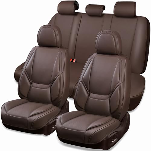 CAR PASS Nappa Leather Car Seat Covers 5 Seat, Luxury Lumbar Support Seat Cover Full Set, Waterproof Breathable Durable All Coverage Leatherette Seat Covers for SUVs,Pickups,Trucks,Vehicles (Brown) - color: Brown