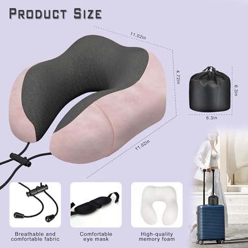 Neck Travel Pillow, Upgraded Memory Foam Pillow for Airplane, Machine Washable, Adjustable Flight Pillow, Suitable for Sleeping Airplane, Car, Office and Home (Pink)