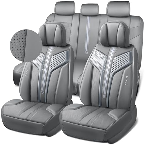 CAR PASS Nappa Leather Seat Covers, Breathable Waterproof Car Seat Covers Full Set, Luxury Leather Front and Back Seats Full Coverage, Universal Fit SUV Pick-up Truck Sedan Automotive(Gray) - color: Gray, size: Full Set Full Coverage