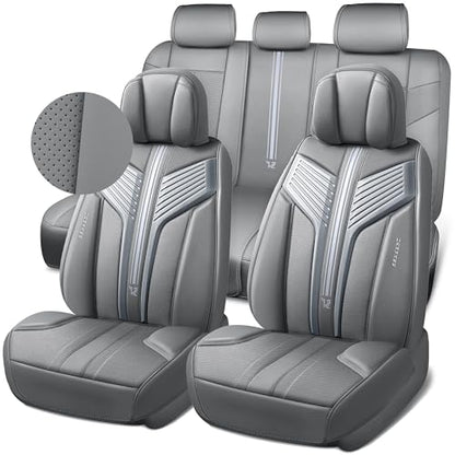 CAR PASS Nappa Leather Seat Covers, Breathable Waterproof Car Seat Covers Full Set, Luxury Leather Front and Back Seats Full Coverage, Universal Fit SUV Pick-up Truck Sedan Automotive(Gray) - color: Gray, size: Full Set Full Coverage